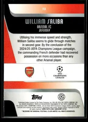 2025-26 Topps UEFA Club Competitions William Saliba #113 Arsenal FC - Soccer Card Single