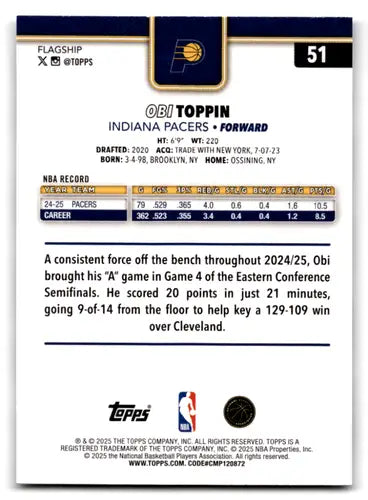 2025-26 Topps Victory #51 Obi Toppin NM-MT Pacers ID:80784 - Basketball Card Single