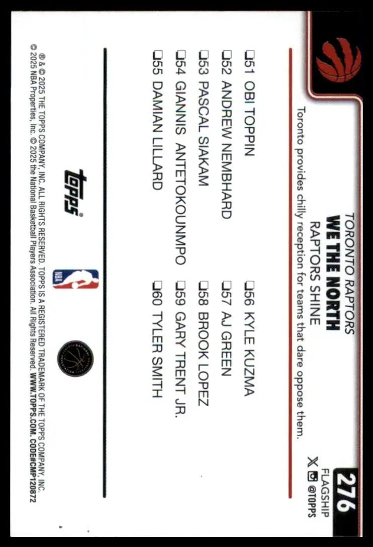 2025-26 Topps We The North #276 Toronto Raptors Basketball Card NBA Sports - Basketball Card Single