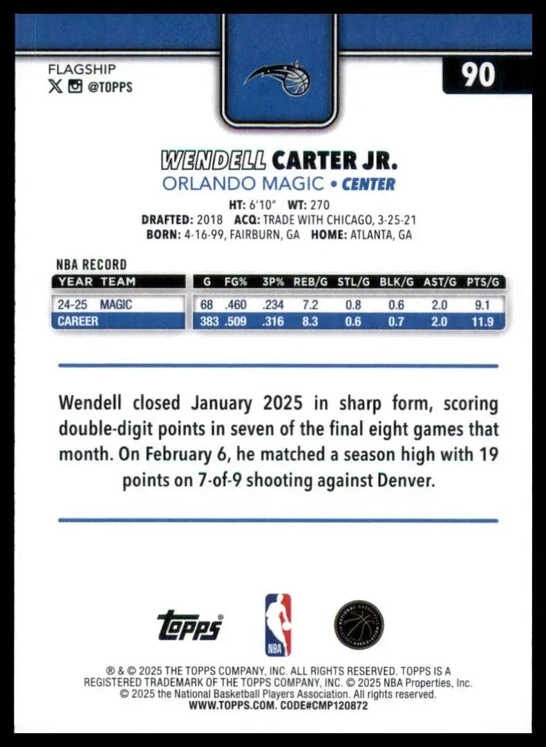 2025-26 Topps Wendell Carter Jr #90 Orlando Magic Basketball Card NBA Sports - Basketball Card Single