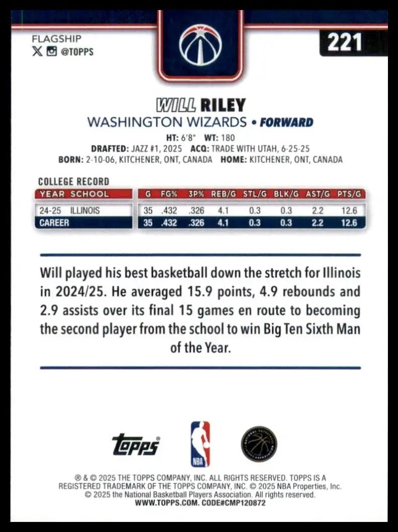 2025-26 Topps Will Riley Rookie #221 Washington Wizards Basketball Card NBA