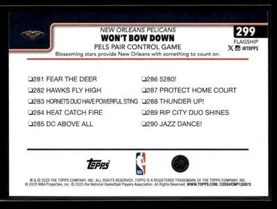 2025-26 Topps Won’t Bow Down: Pels Pair Control Game #299 New Orleans Pelicans