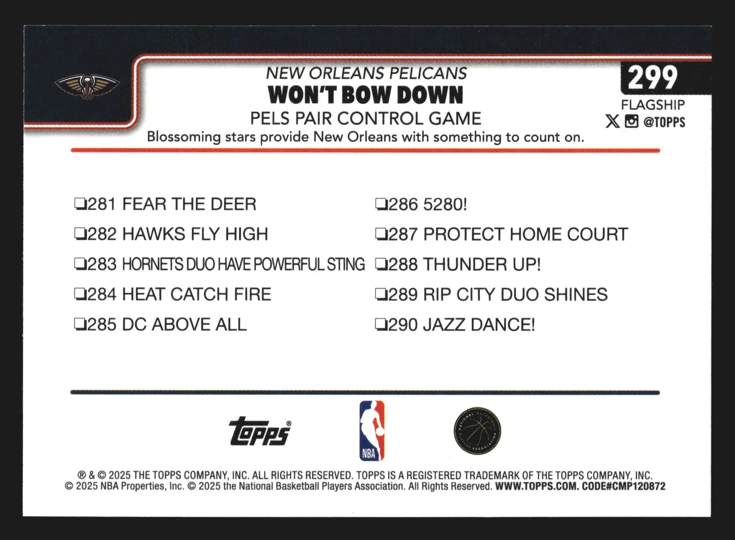 2025-26 Topps Won’t Bow Down Pels Pair Control Game #299 New Orleans Pelicans