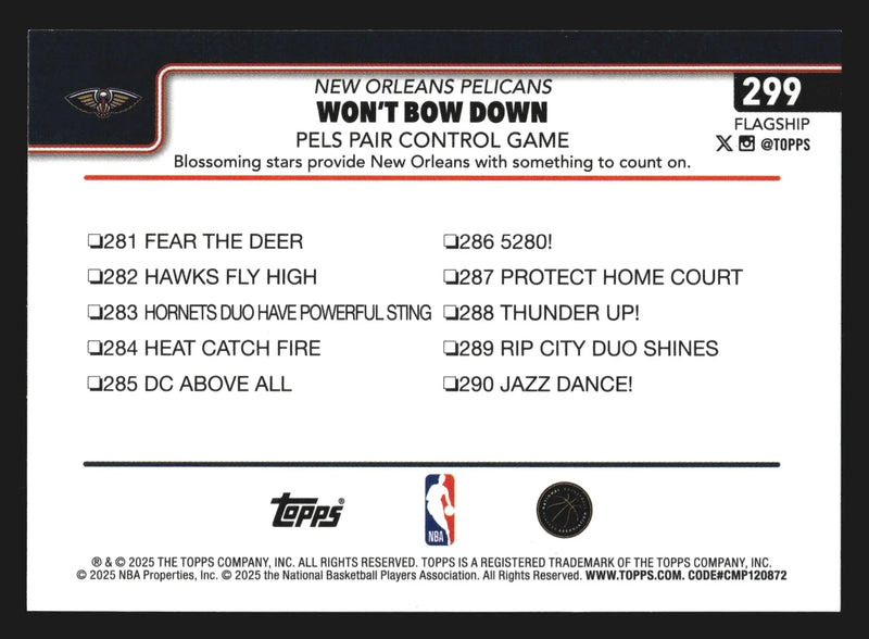 2025-26 Topps Won’t Bow Down Pels Pair Control Game #299 New Orleans Pelicans