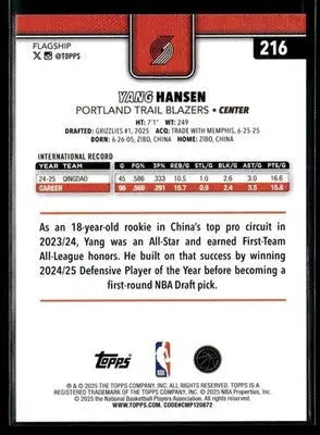 2025-26 Topps Yang Hansen #216 RC Portland Trail Blazers