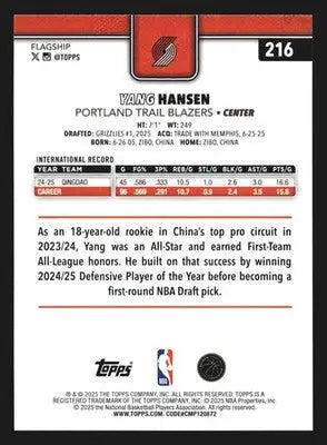 2025-26 Topps Yang Hansen #216 RC Portland Trail Blazers - Basketball Card Single