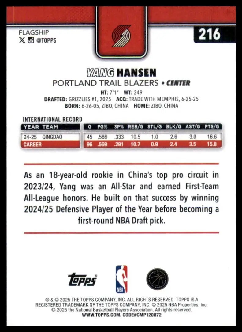2025-26 Topps Yang Hansen Rookie #216 Portland Trail Blazers Basketball Card NBA - Basketball Card Single