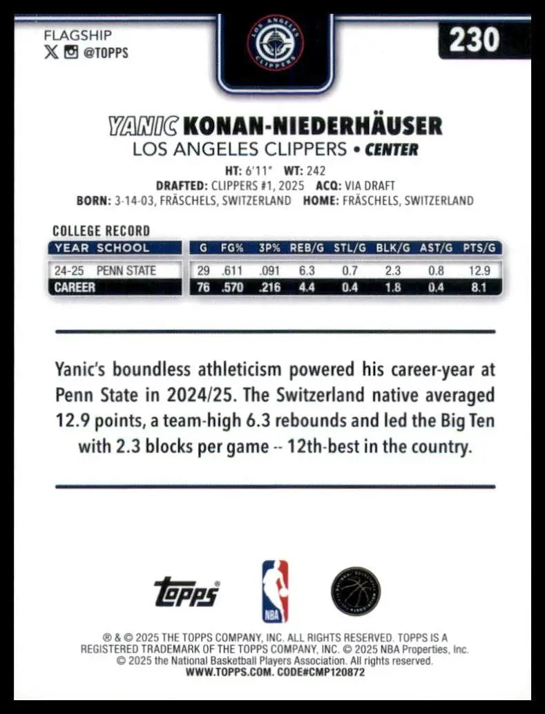 2025-26 Topps Yanic Konan Niederhauser Rookie #230 Los Angeles Clippers Card NBA
