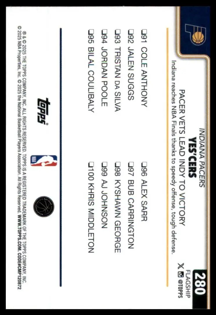 2025-26 Topps Yes Cers #280 Indiana Pacers Basketball Card NBA Sports