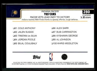 2025-26 Topps Yes’Cers: Pacer Vets Lead Indy To Victory #280 Indiana Pacers