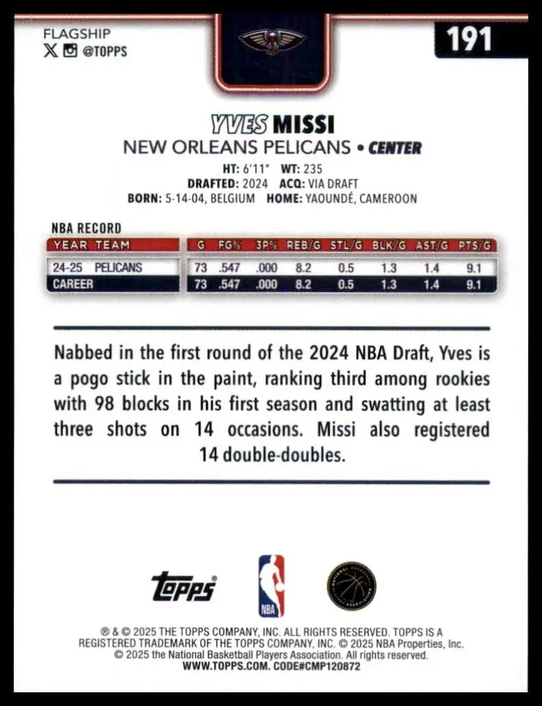 2025-26 Topps Yves Missi #191 New Oreleans Pelicans Basketball Card NBA Sports - Basketball Card