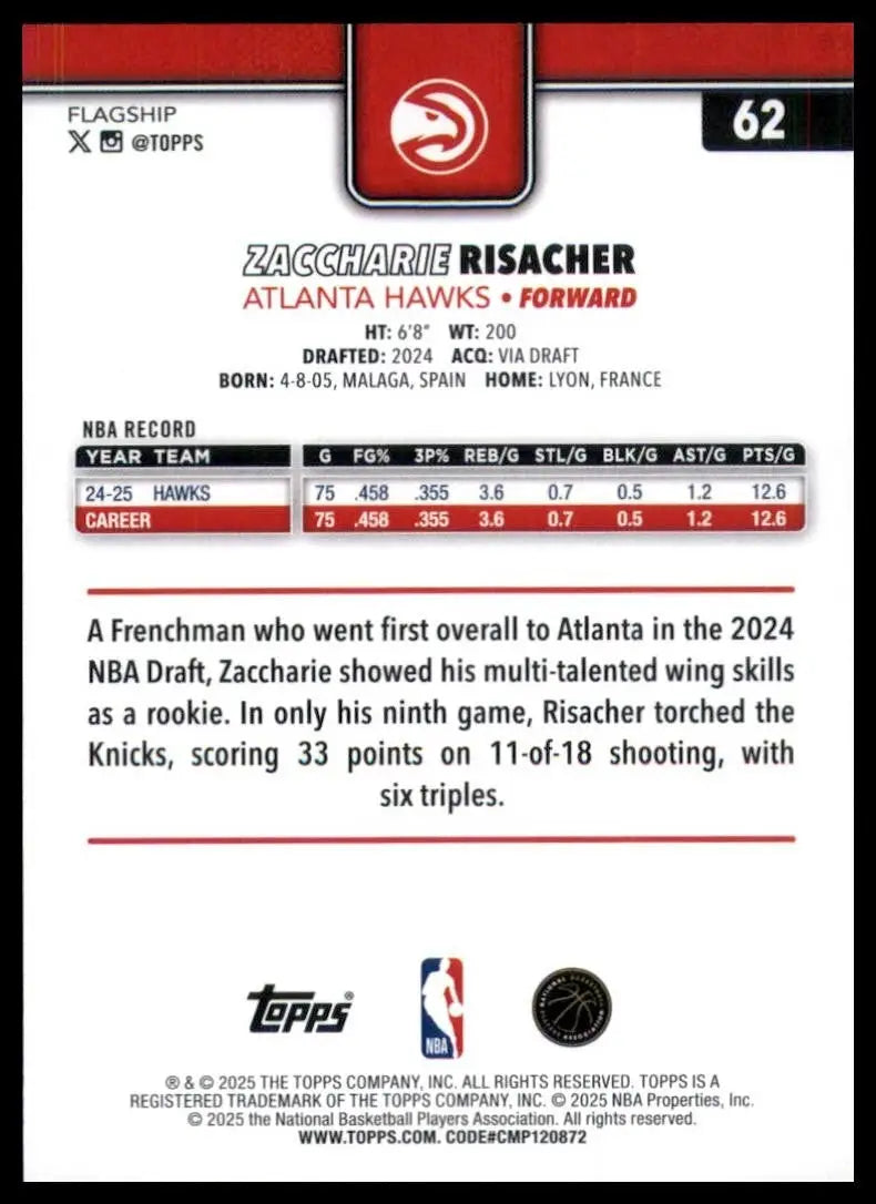 2025-26 Topps Zaccharie Risacher #62 Atlanta Hawks Basketball Card NBA Sports - Basketball Card Single