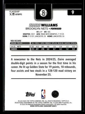 2025-26 Topps Ziaire Williams #9 Brooklyn Nets