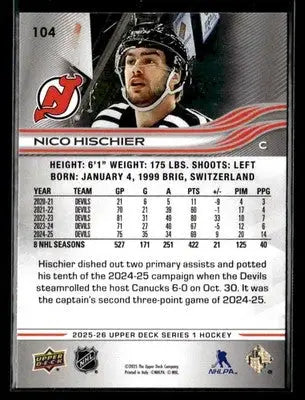 2025-26 Upper Deck #104 Nico Hischier - Hockey Card Single