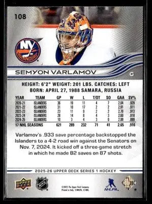 2025-26 Upper Deck #108 Semyon Varlamov - Hockey Card Single