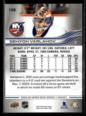 2025-26 Upper Deck #108 Semyon Varlamov - Hockey Card Single