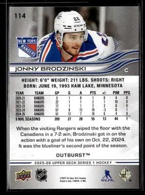 2025-26 Upper Deck #114 Jonny Brodzinski Outburst Silver - Hockey Card Single