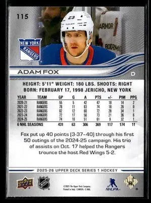 2025-26 Upper Deck #115 Adam Fox - Hockey Card Single