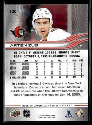 2025-26 Upper Deck #120 Artem Zub - Hockey Card Single