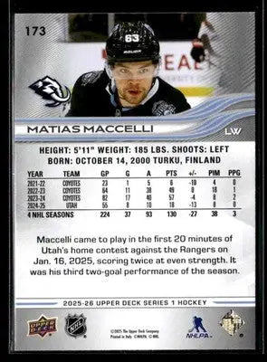 2025-26 Upper Deck #173 Matias Maccelli - Hockey Card Single
