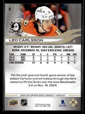 2025-26 Upper Deck #2 Leo Carlsson - Hockey Card Single