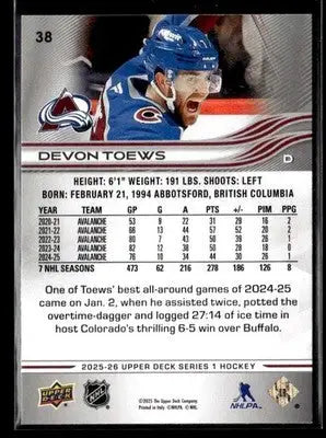 2025-26 Upper Deck #38 Devon Toews - Hockey Card Single