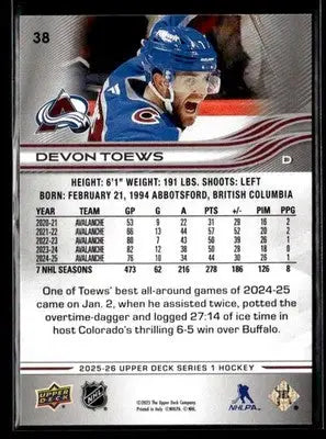 2025-26 Upper Deck #38 Devon Toews - Hockey Card Single
