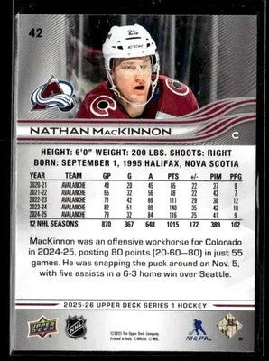 2025-26 Upper Deck #42 Nathan MacKinnon - Hockey Card Single