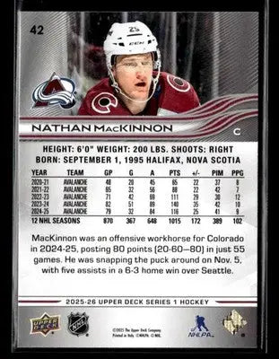 2025-26 Upper Deck #42 Nathan MacKinnon - Hockey Card Single