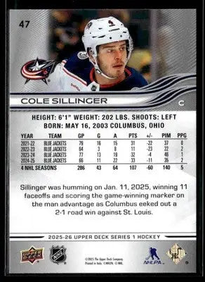 2025-26 Upper Deck #47 Cole Sillinger - Hockey Card Single