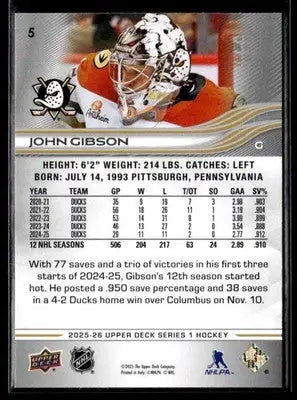 2025-26 Upper Deck #5 John Gibson - Hockey Card Single