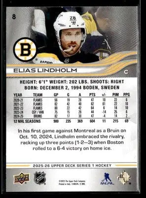 2025-26 Upper Deck #8 Elias Lindholm - Hockey Card Single