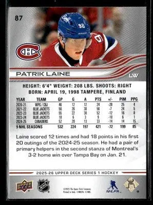 2025-26 Upper Deck #87 Patrik Laine - Hockey Card Single