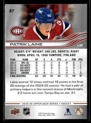 2025-26 Upper Deck #87 Patrik Laine - Hockey Card Single