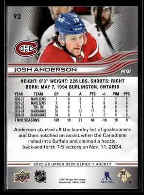 2025-26 Upper Deck #92 Josh Anderson - Hockey Card Single