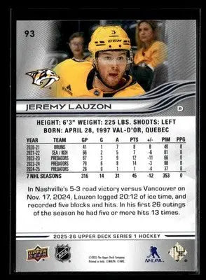 2025-26 Upper Deck #93 Jeremy Lauzon - Hockey Card Single