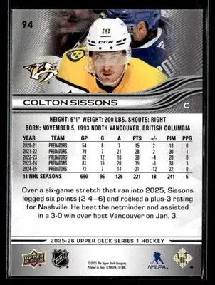 2025-26 Upper Deck #94 Colton Sissons - Hockey Card Single