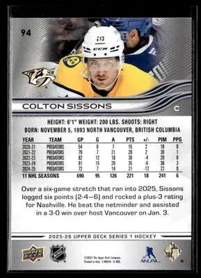2025-26 Upper Deck #94 Colton Sissons - Hockey Card Single