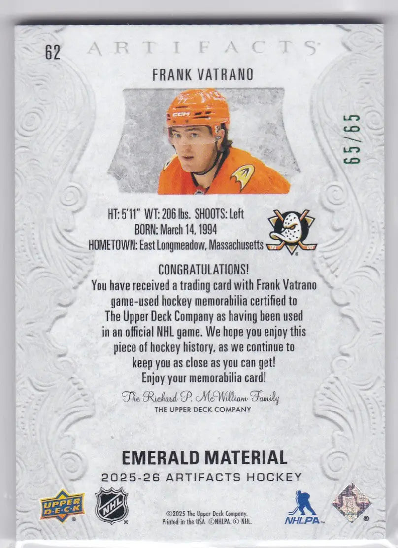 2025-26 Upper Deck Artifacts Frank Vatrano Dual Patch trading card featuring emerald material