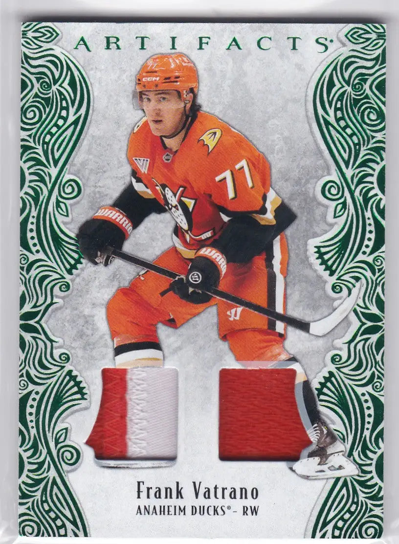Frank Vatrano dual patch hockey card from Upper Deck Artifacts featuring two jersey swatches