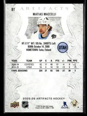 2025-26 Upper Deck Artifacts Matias Maccelli #81 Utah Hockey Club - Hockey Card Single