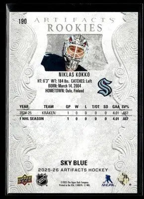 2025-26 Upper Deck Artifacts Niklas Kokko #190 Sky Blue Seattle Kraken