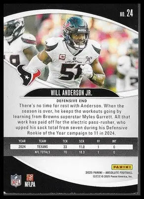 2025 Absolute #24 Will Anderson Jr. Retail Houston Texans Star DE Football Card