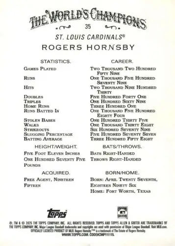 2025 Allen & Ginter #35 Rogers Hornsby NM Near Mint Cardinals ID:81569 - Baseball Card Single
