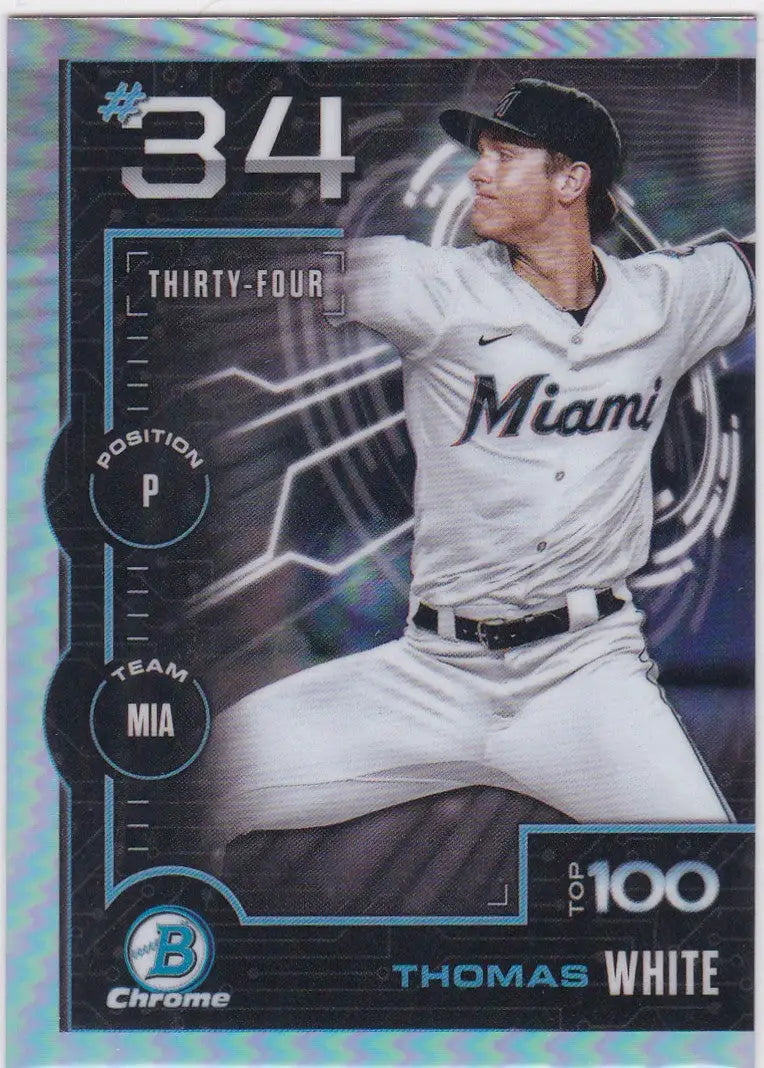 Baseball card featuring Thomas White Miami Marlins from 2025 Bowman Chrome Top Prospect