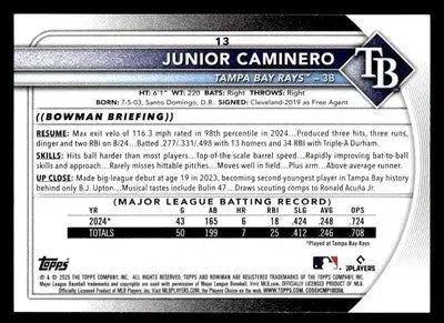 2025 Bowman #13 Junior Caminero - Baseball Card Single
