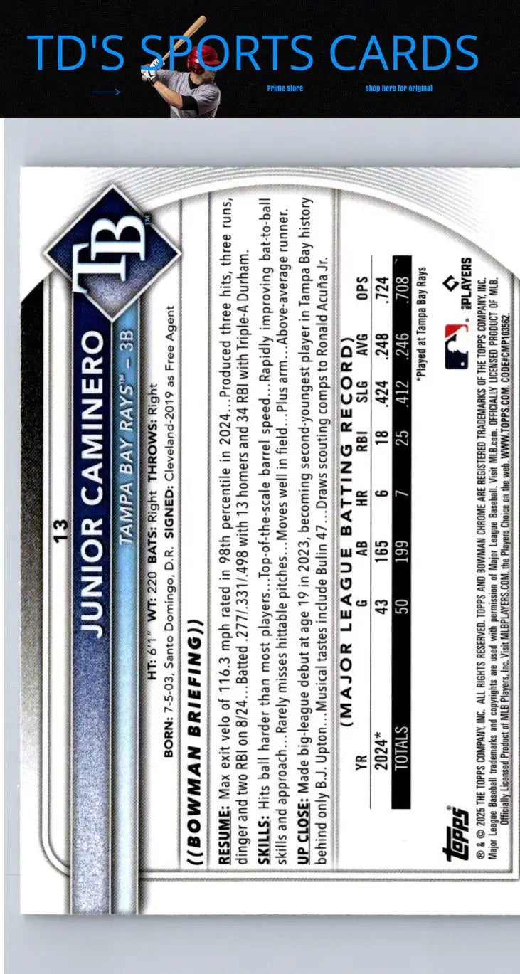 Junior Caminero baseball card from 2025 Bowman 13 Mojo Refractor product