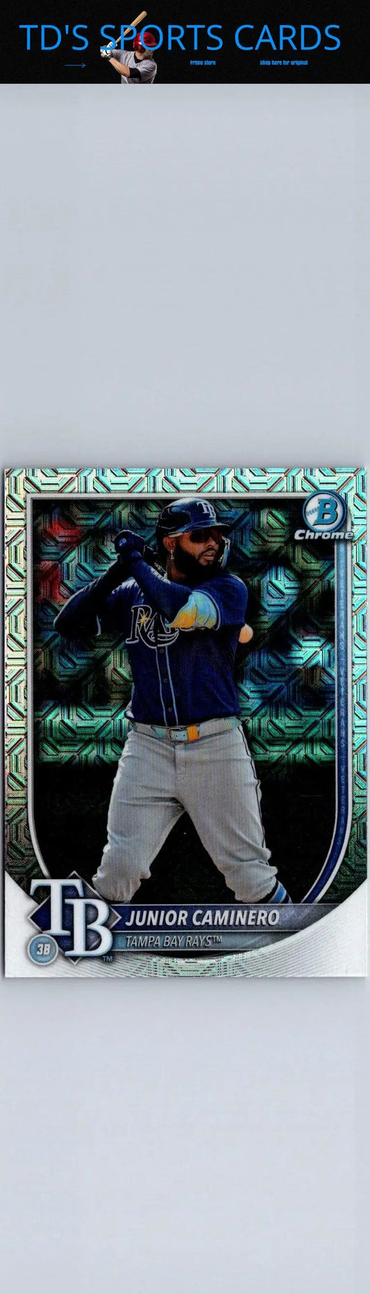 Junior Caminero baseball card from 2025 Bowman 13 Mojo Refractor set