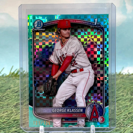 George Klassen Bowman 1st Chrome Aqua X Factor baseball card from 2025 Bowman 1st series