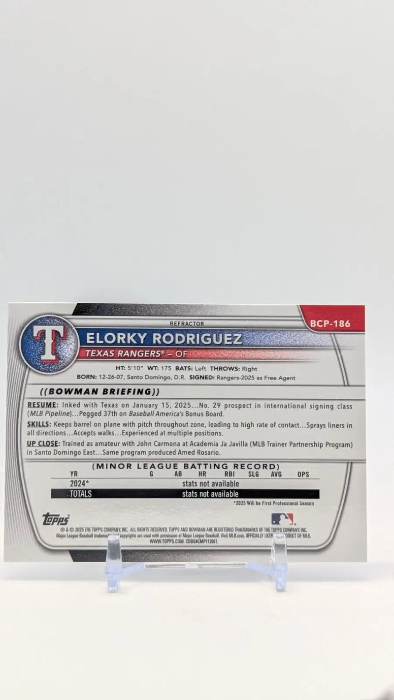 2025 Bowman 1st Chrome REFRACTOR/499 Elorky Rodriguez Texas Rangers #BCP-186 - Baseball Card Single